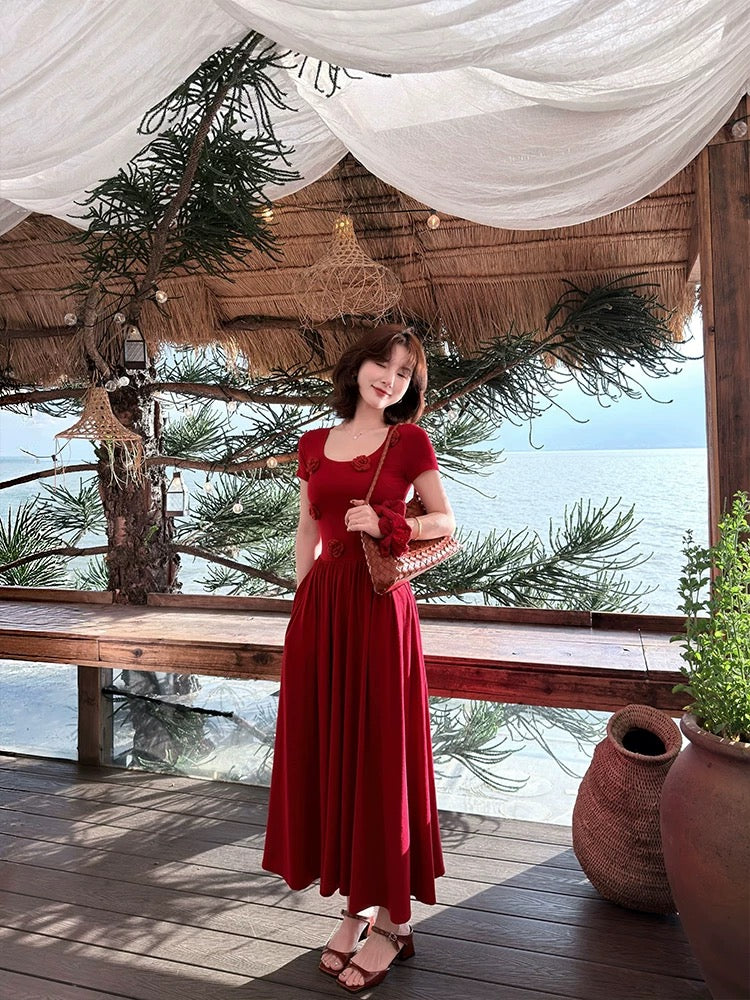 Lei Yingjun's "Rose Song" 3D Floral U-Neck Slimming Long Dress - Summer French Retro Slimming Dress
