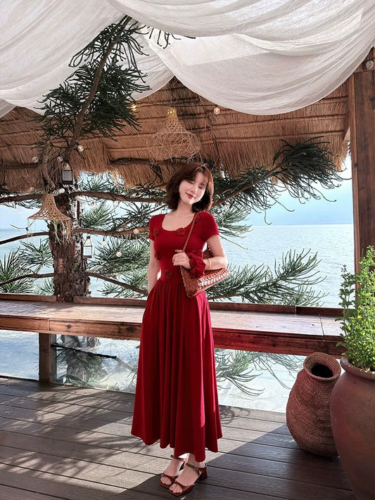 Lei Yingjun's "Rose Song" 3D Floral U-Neck Slimming Long Dress - Summer French Retro Slimming Dress