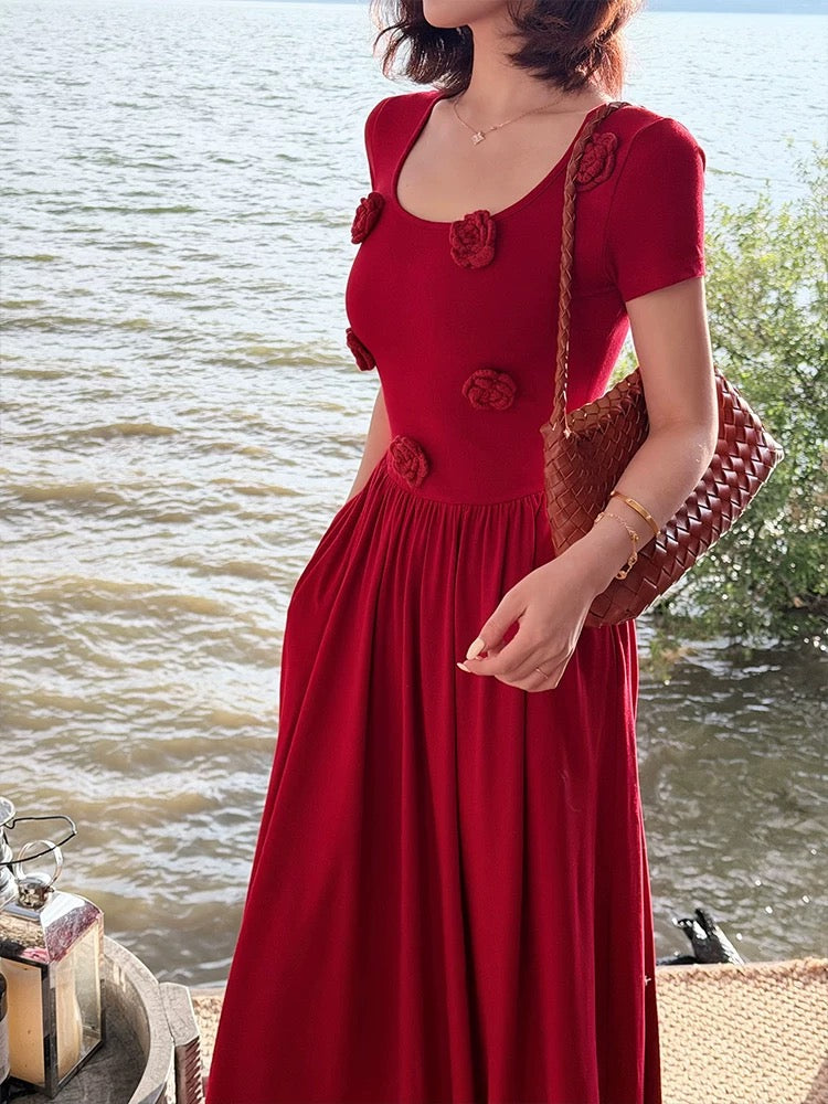 Lei Yingjun's "Rose Song" 3D Floral U-Neck Slimming Long Dress - Summer French Retro Slimming Dress
