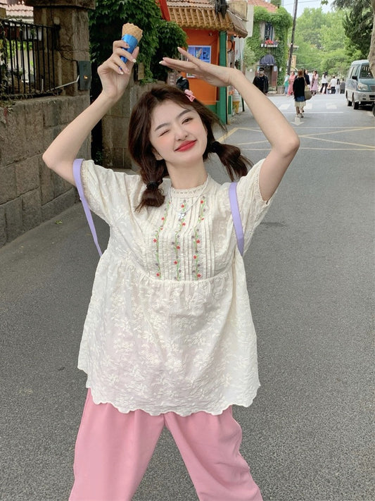 Plus size women's fat mm sweet design heavy embroidery flower pleated round neck babydoll shirt women's mid-length shirt
