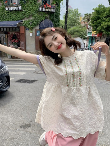 Plus size women's fat mm sweet design heavy embroidery flower pleated round neck babydoll shirt women's mid-length shirt
