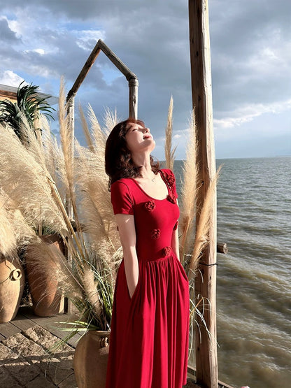 Lei Yingjun's "Rose Song" 3D Floral U-Neck Slimming Long Dress - Summer French Retro Slimming Dress