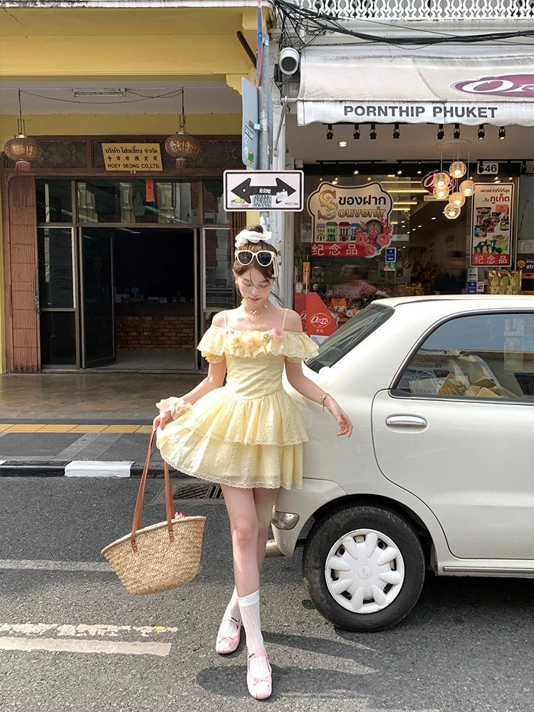 Acaine Chantilly Girl/Medium-length Yellow Waist A-line Suspender Dress Female Spring French Retro Dress