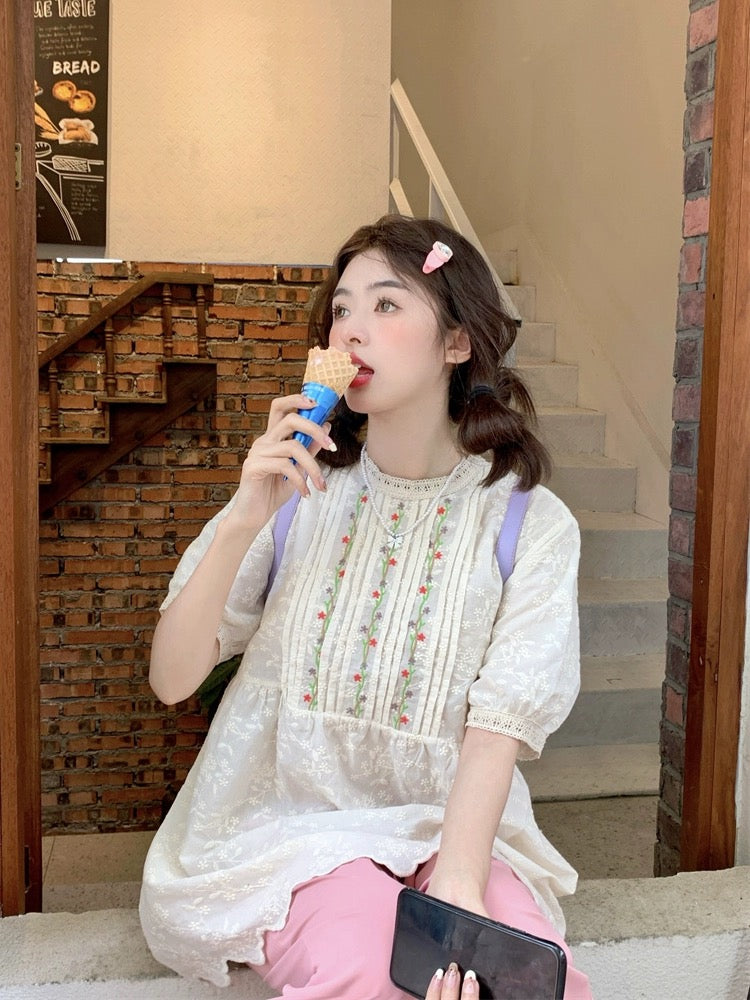 Plus size women's fat mm sweet design heavy embroidery flower pleated round neck babydoll shirt women's mid-length shirt