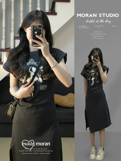 American printed casual style t-shirt dress women's summer waist slim slimming slit mid-length skirt for small people