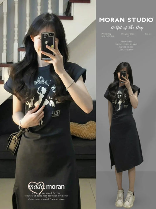 American printed casual style t-shirt dress women's summer waist slim slimming slit mid-length skirt for small people