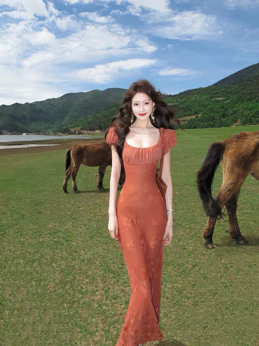 Eat green vegetables [Orange Dream Rose] French style square neck lace dress for women, slimming and elegant long dress