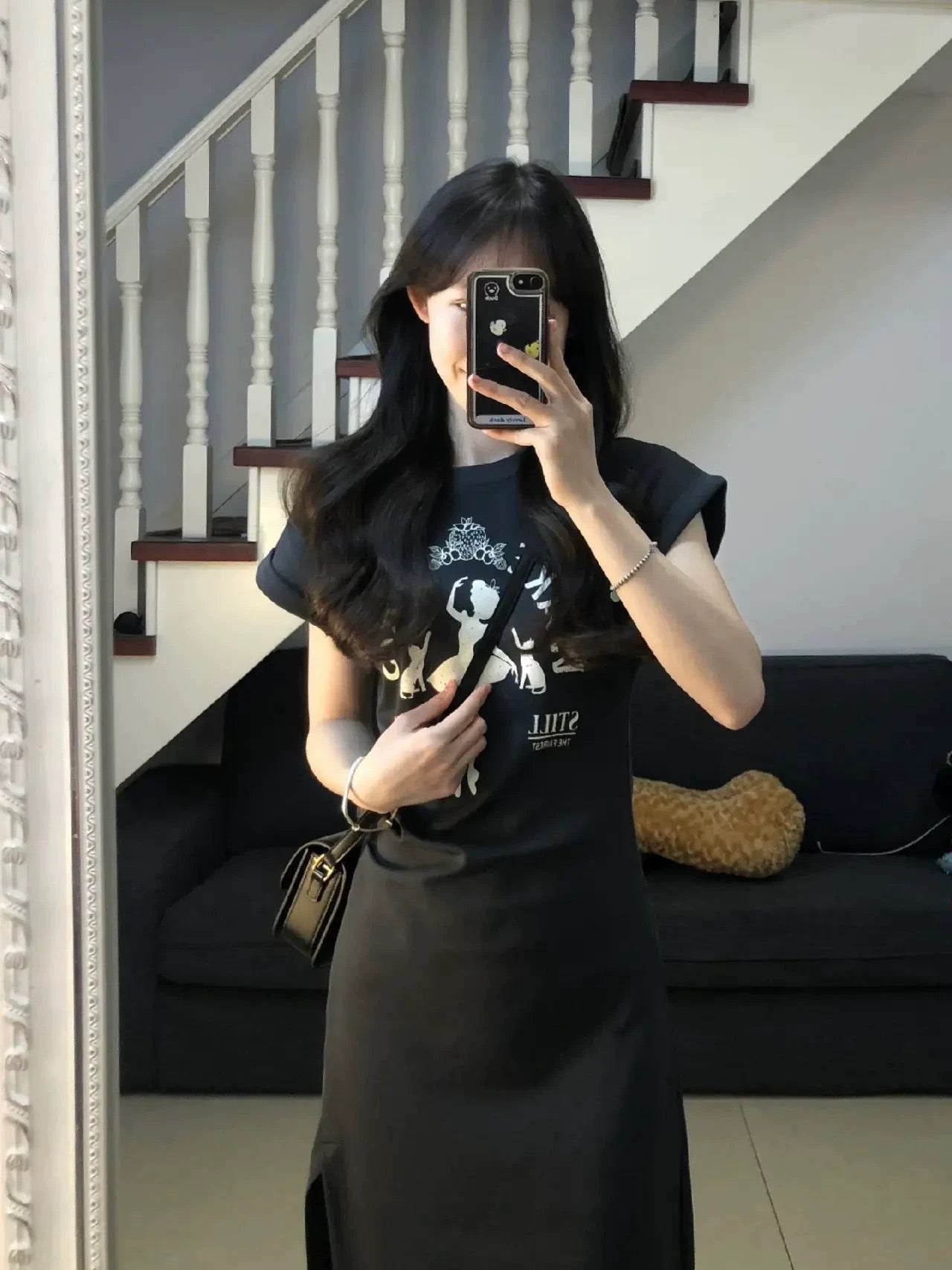 American printed casual style t-shirt dress women's summer waist slim slimming slit mid-length skirt for small people