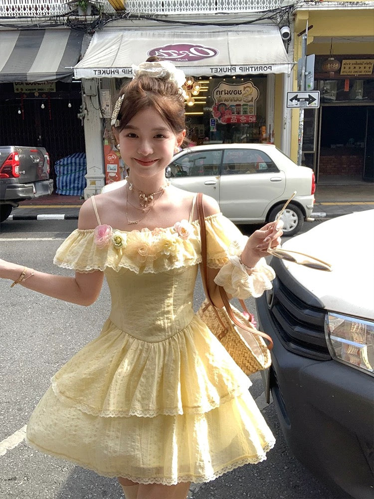 Acaine Chantilly Girl/Medium-length Yellow Waist A-line Suspender Dress Female Spring French Retro Dress