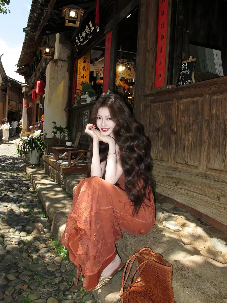 Eat green vegetables [Orange Dream Rose] French style square neck lace dress for women, slimming and elegant long dress