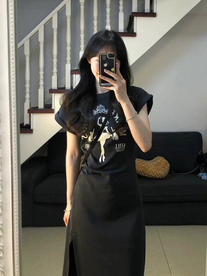 American printed casual style t-shirt dress women's summer waist slim slimming slit mid-length skirt for small people