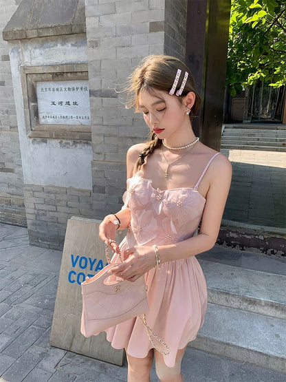 Acaine Nara Qianjin/Pink mid-length satin suspender dress female summer French temperament skirt