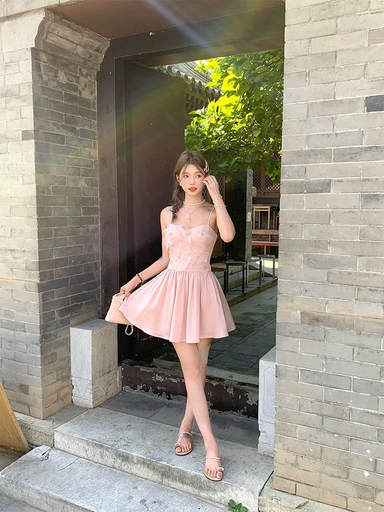 Acaine Nara Qianjin/Pink mid-length satin suspender dress female summer French temperament skirt