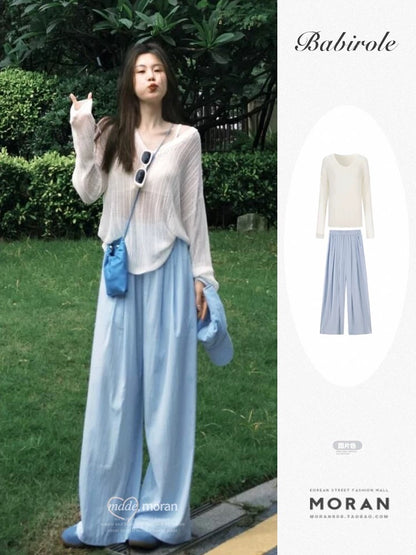 Summer clothes are paired with a complete set of casual, comfortable and relaxed sun protection blouse tops and lazy wide-leg pants two-piece set for women
