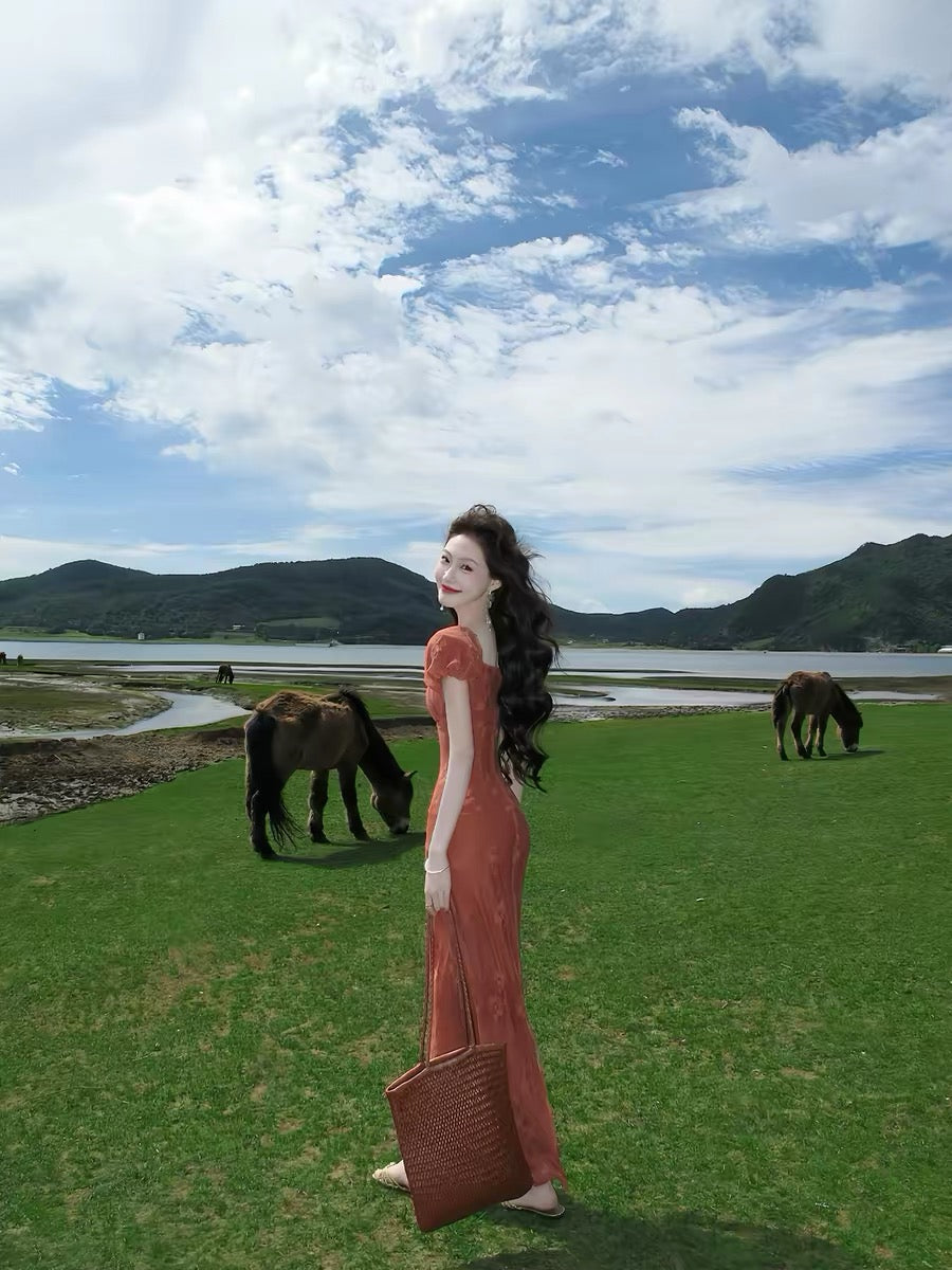 Eat green vegetables [Orange Dream Rose] French style square neck lace dress for women, slimming and elegant long dress