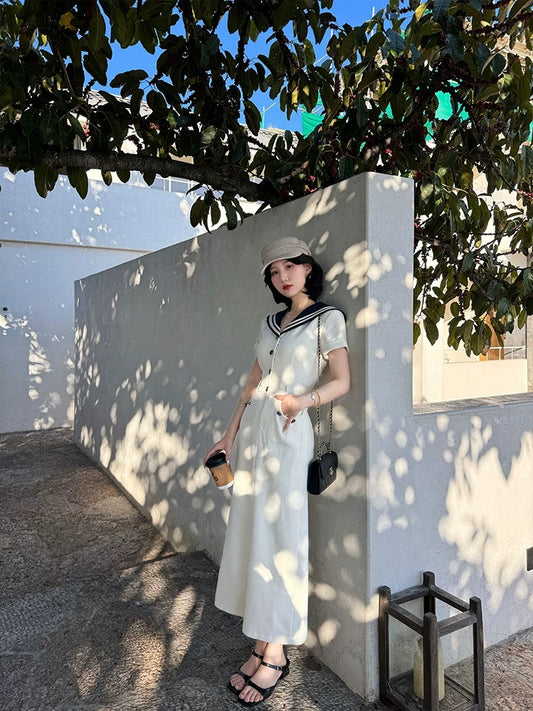 Lei Yingjun's "Heartbeat Letter" College Style Navy Collar Textured Dress for Women, Spring/Summer Slimming Midi Dress