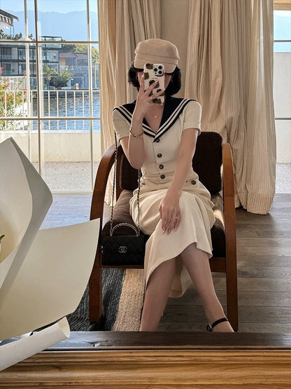 Lei Yingjun's "Heartbeat Letter" College Style Navy Collar Textured Dress for Women, Spring/Summer Slimming Midi Dress