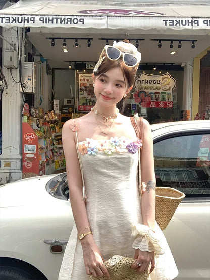 Acaine mid-length apricot jacquard one-shoulder waisted a-line suspender dress for women spring Korean style sweet skirt