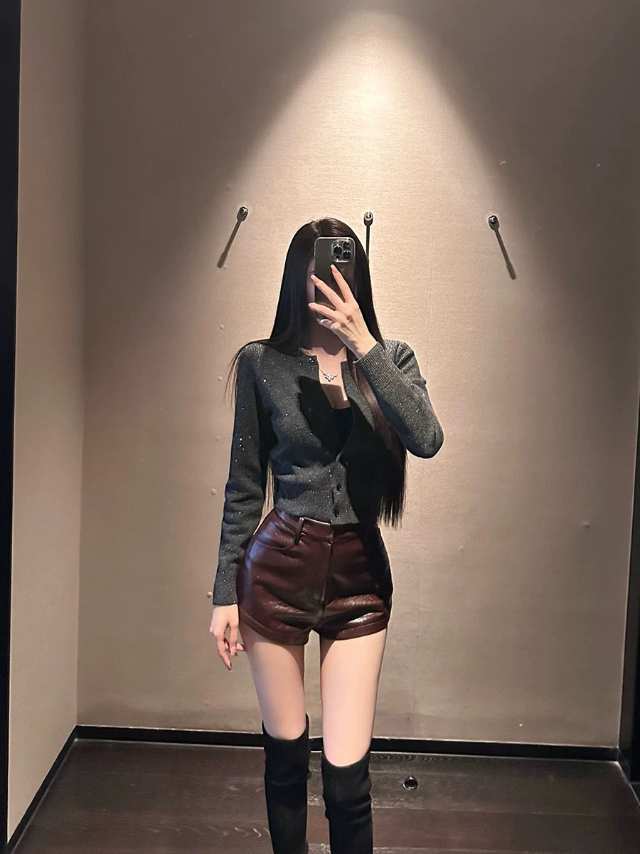 SX Shanxi black 100% merino wool full-body diamond cardigan top women's high-end temperament Korean style short jacket