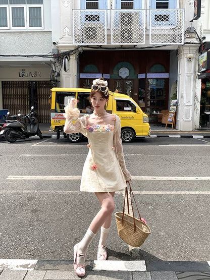 Acaine mid-length apricot jacquard one-shoulder waisted a-line suspender dress for women spring Korean style sweet skirt