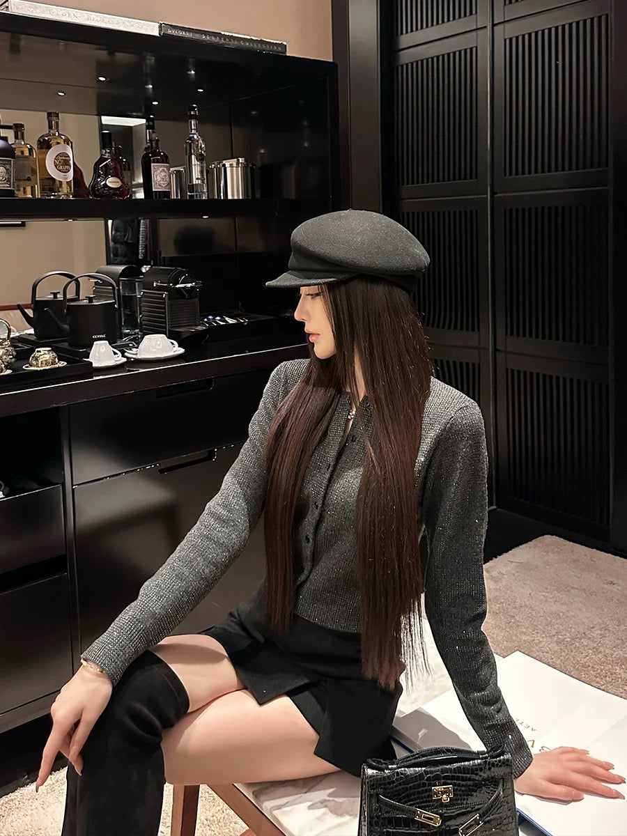 SX Shanxi black 100% merino wool full-body diamond cardigan top women's high-end temperament Korean style short jacket