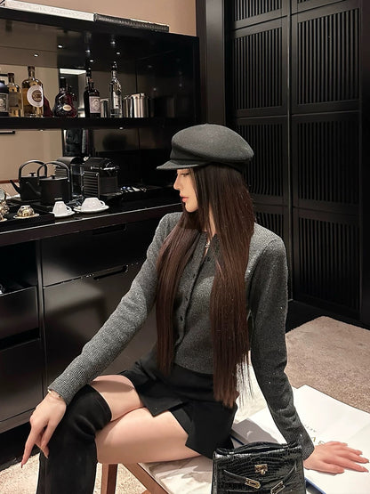 SX Shanxi black 100% merino wool full-body diamond cardigan top women's high-end temperament Korean style short jacket