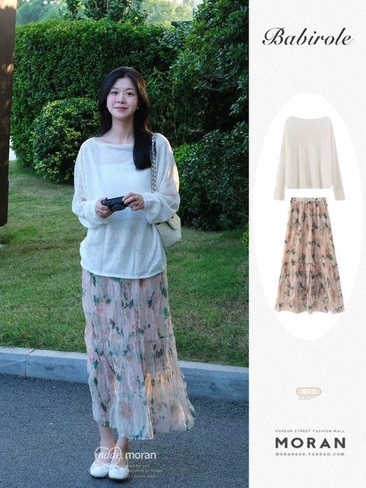 French sweet white long-sleeved sweater floral half-length skirt two-piece suit for women in spring and autumn complete set