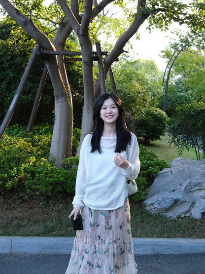 French sweet white long-sleeved sweater floral half-length skirt two-piece suit for women in spring and autumn complete set