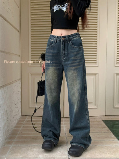 Retro washed blue wide-leg jeans for women, summer style, high-waisted, loose, slim and drapey, casual floor-length straight trousers