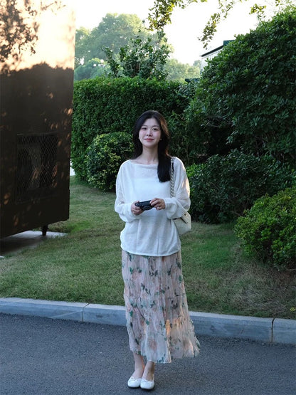 French sweet white long-sleeved sweater floral half-length skirt two-piece suit for women in spring and autumn complete set