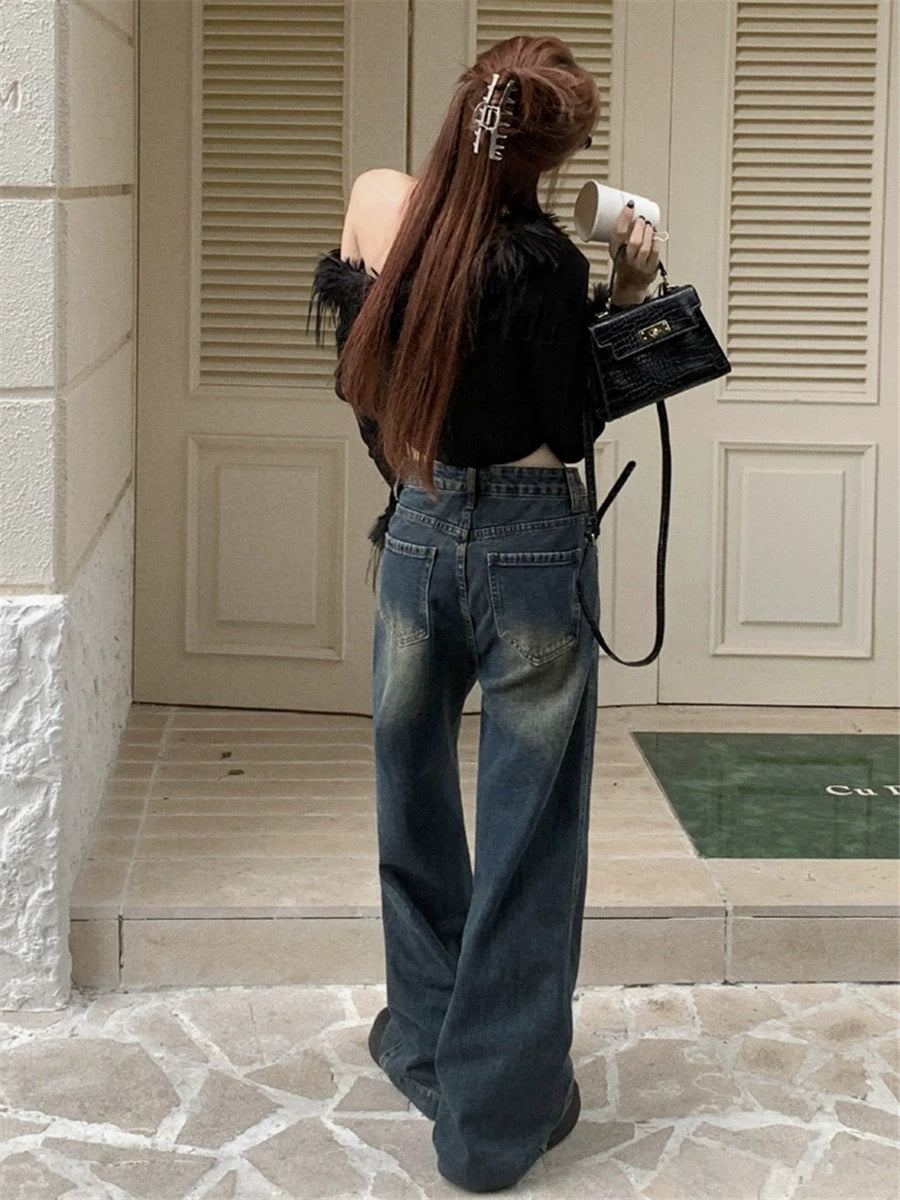Retro washed blue wide-leg jeans for women, summer style, high-waisted, loose, slim and drapey, casual floor-length straight trousers