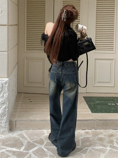 Retro washed blue wide-leg jeans for women, summer style, high-waisted, loose, slim and drapey, casual floor-length straight trousers