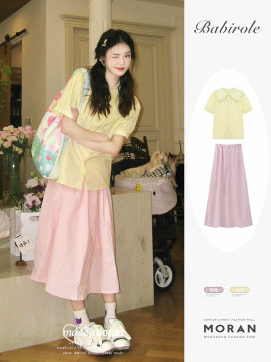 Dopamine Sweet Style Breast Style Summer Suit Small Doll Collar Shirt Top Skirt Two-piece Set
