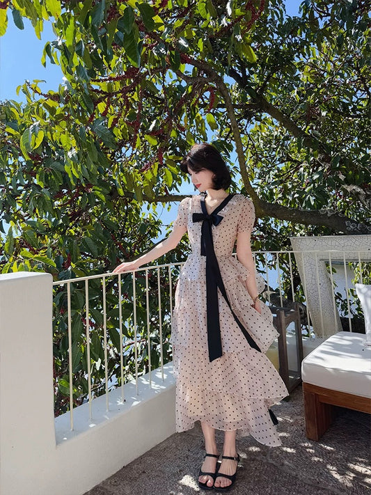 Lei Yingjun [Romantic Bookmark] Retro Polka Dot Deep V-Neck Dress for Women, Summer Bow and Ruffled Long Skirt