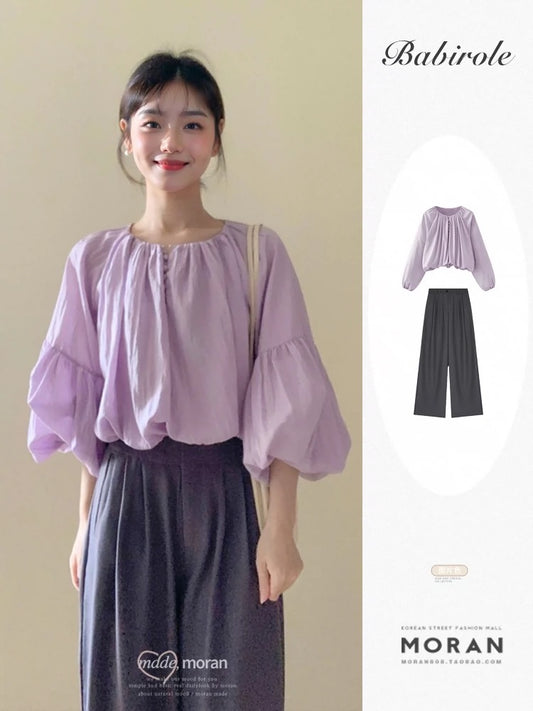 Early spring Korean outfits, gentle temperament shirts, unique tops, casual wide-leg pants, two-piece set, fashionable and age-reducing
