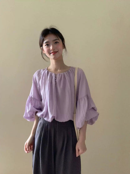 Early spring Korean outfits, gentle temperament shirts, unique tops, casual wide-leg pants, two-piece set, fashionable and age-reducing