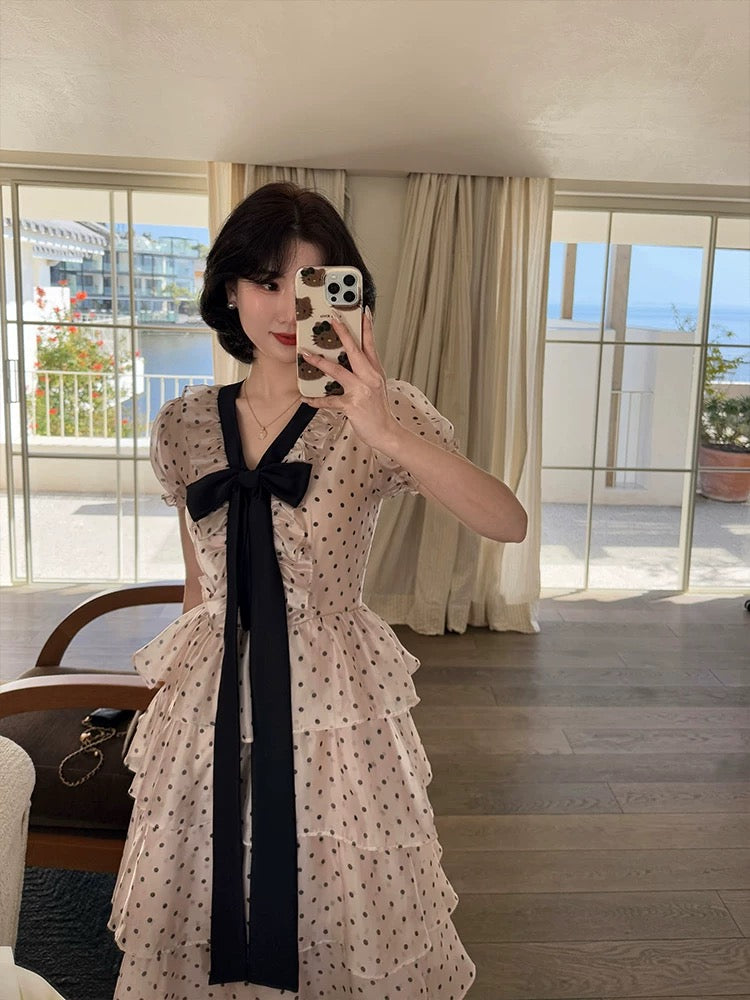 Lei Yingjun [Romantic Bookmark] Retro Polka Dot Deep V-Neck Dress for Women, Summer Bow and Ruffled Long Skirt