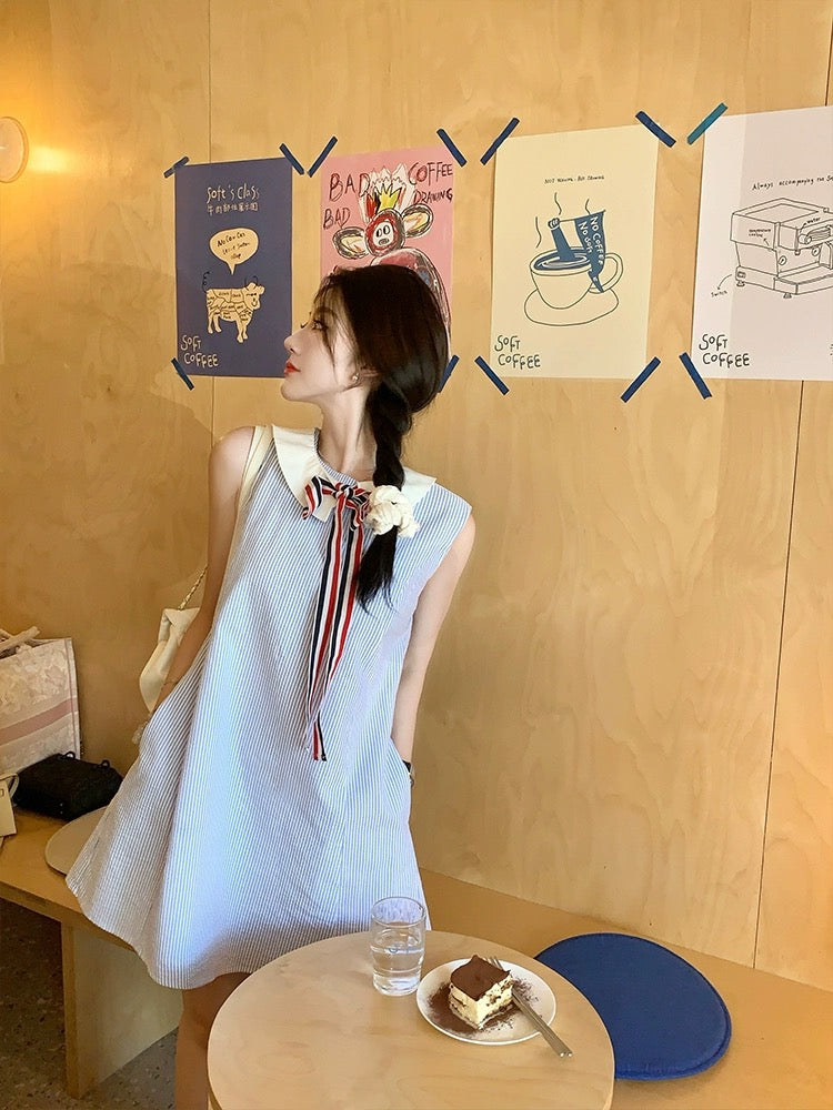 The suan kawaii striped vest dress for women petite tb blue temperament short skirt doll collar