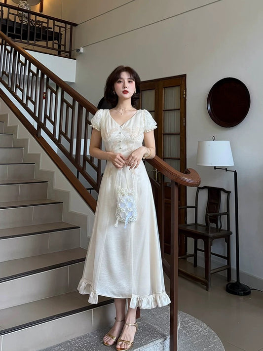 Lei Yingjun's "Misty Moon Rose" French Gentle Style Niche Dress for Women, Summer Satin Mesh Slimming Fairy Dress