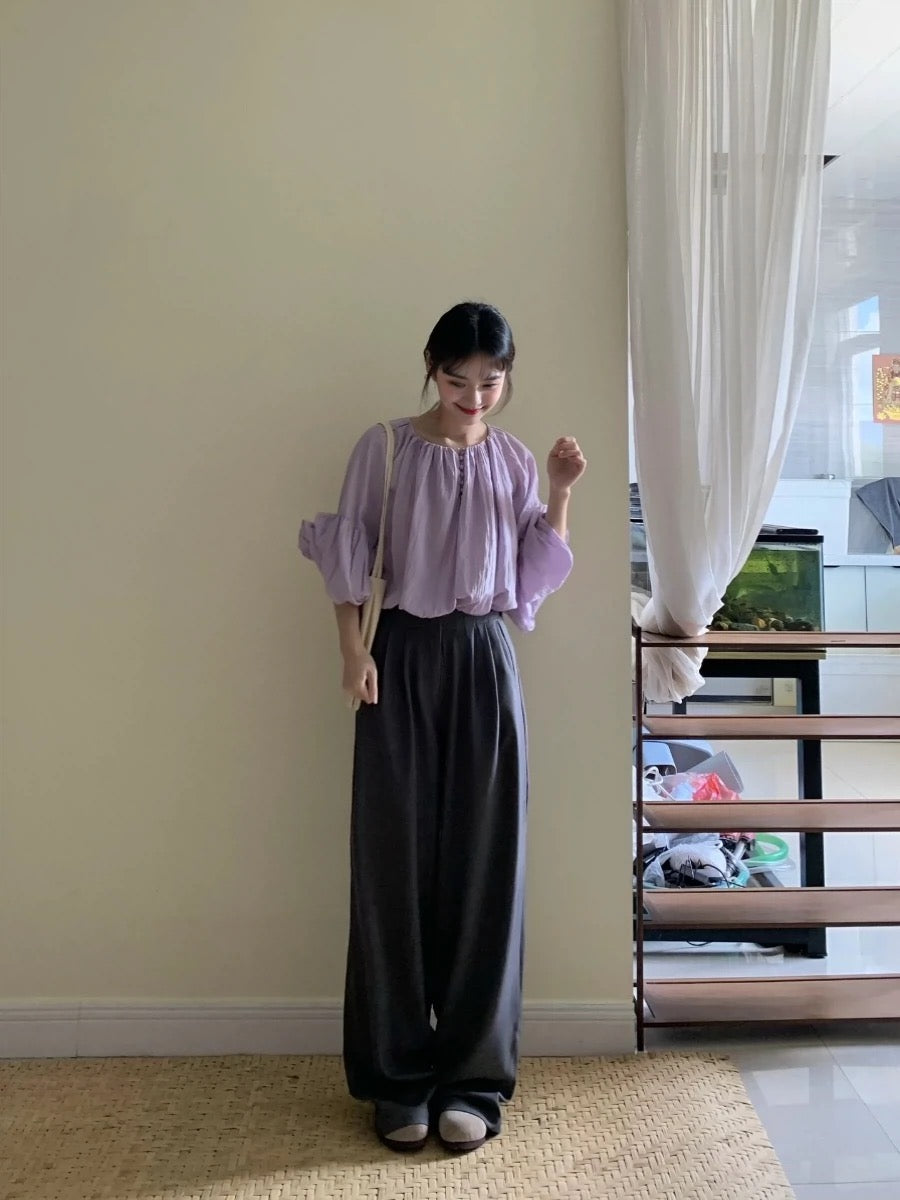 Early spring Korean outfits, gentle temperament shirts, unique tops, casual wide-leg pants, two-piece set, fashionable and age-reducing