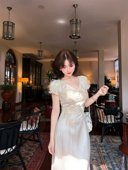 Lei Yingjun's "Misty Moon Rose" French Gentle Style Niche Dress for Women, Summer Satin Mesh Slimming Fairy Dress