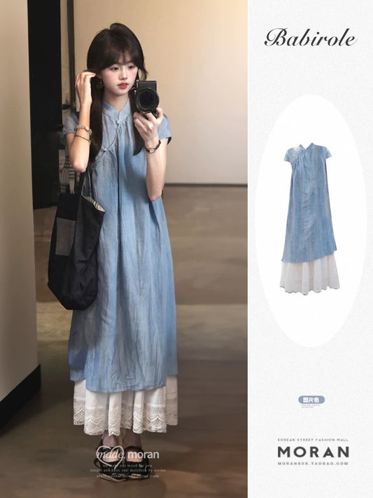 New Chinese style literary blue buckle flag robe dress for summer relaxation and retro national style dress two-piece suit
