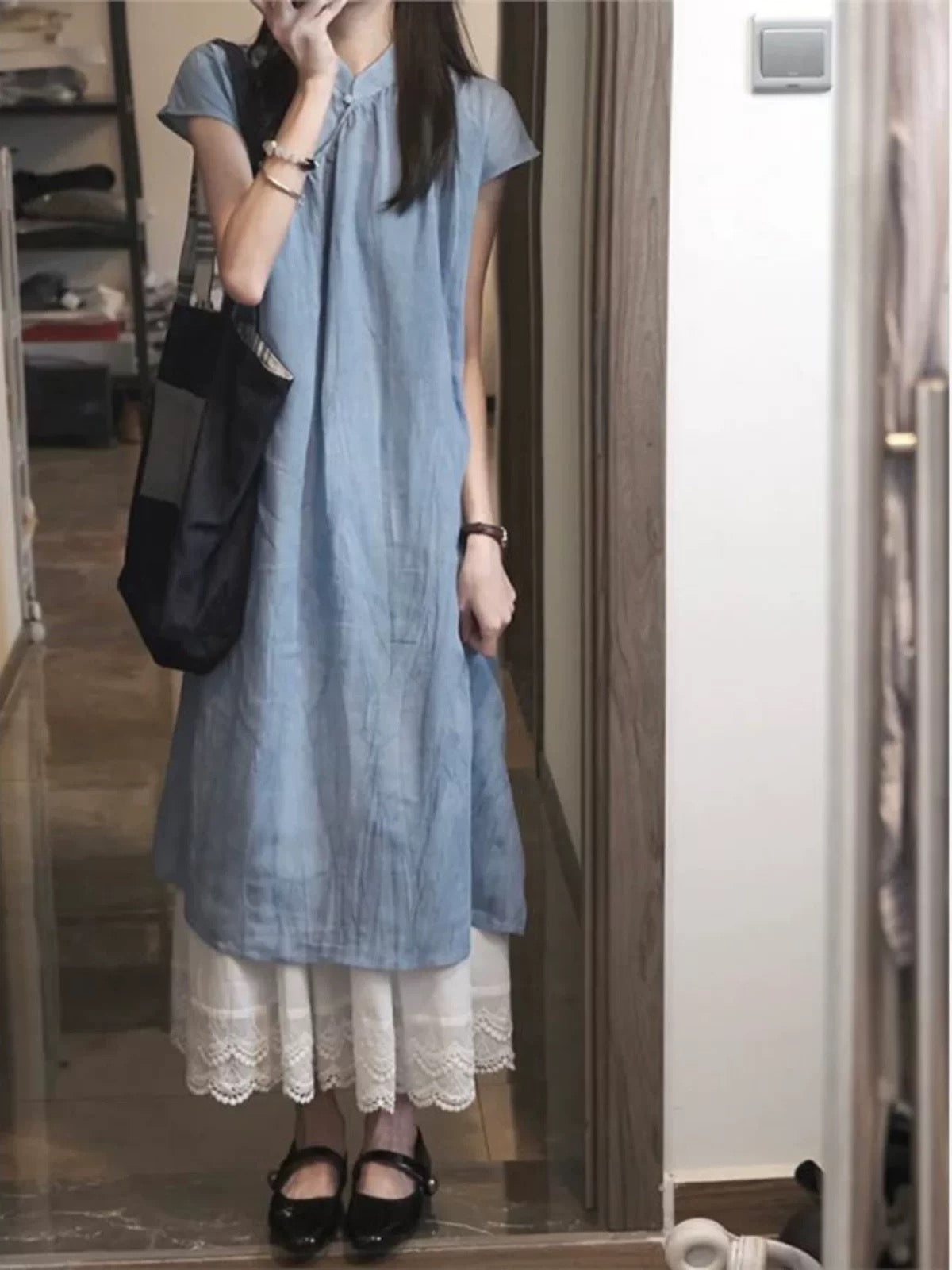 New Chinese style literary blue buckle flag robe dress for summer relaxation and retro national style dress two-piece suit