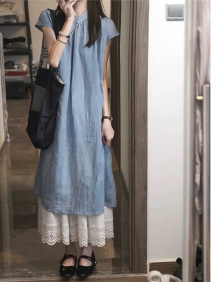 New Chinese style literary blue buckle flag robe dress for summer relaxation and retro national style dress two-piece suit