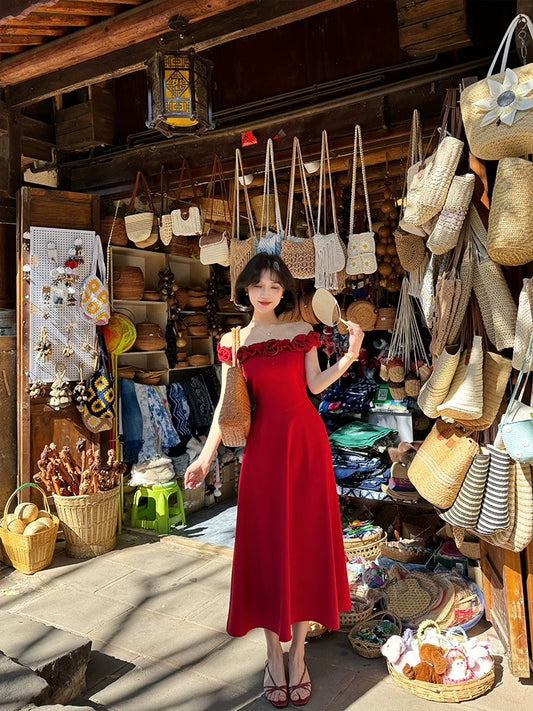 Lei Yingjun's Scarlet Rose French Style 3D Rose Sleeveless Dress, Summer Off-Shoulder Elegant Slimming Long Dress
