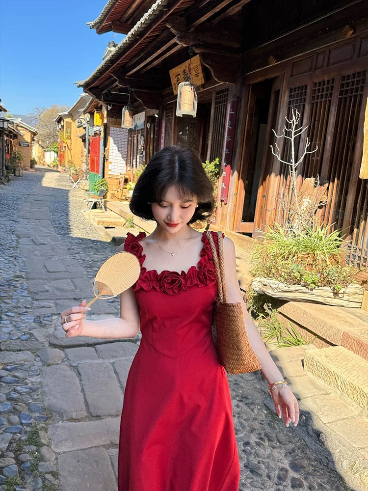 Lei Yingjun's Scarlet Rose French Style 3D Rose Sleeveless Dress, Summer Off-Shoulder Elegant Slimming Long Dress