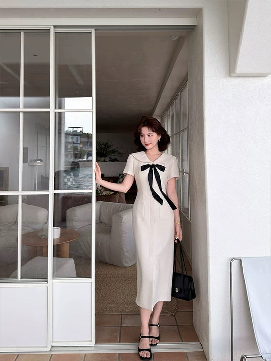 Lei Yingjun's "Half-Summer Camellia" Navy Collar Bow Waist-cinching Dress - Summer Style, Slimming, Pocket Style Long Dress