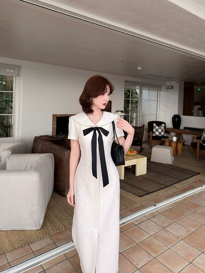 Lei Yingjun's "Half-Summer Camellia" Navy Collar Bow Waist-cinching Dress - Summer Style, Slimming, Pocket Style Long Dress