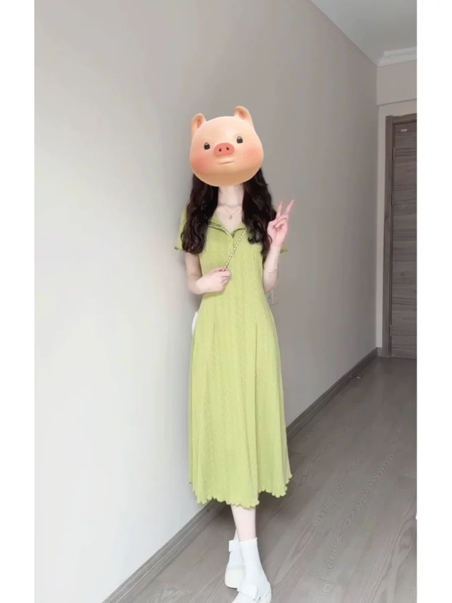 Tea break French V-neck green white dress for women summer high-end waist A-line slimming and beautiful long dress