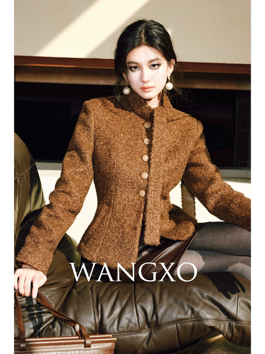 WANGXO｜Mercerized curly texture wool｜Warm streamer stand-up collar waist-cinching right-shoulder temperament short jacket